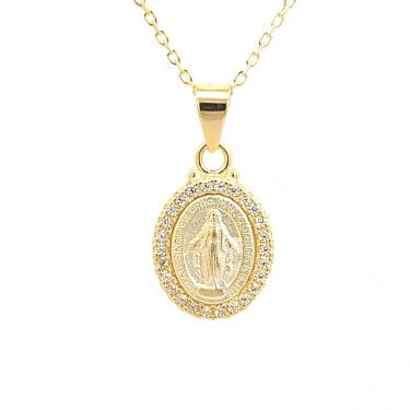 Faith Yellow Gold Sterling Silver Miraculous Medal with CZ Surround Necklace 1.1 x 1.3cm, 16-18"