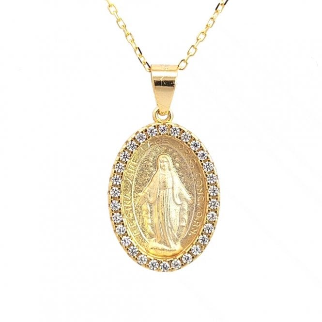 Faith Yellow Gold Sterling Silver  Miraculous Medal with CZ Surround Necklace 1.4 x 1.8cm, 16-18