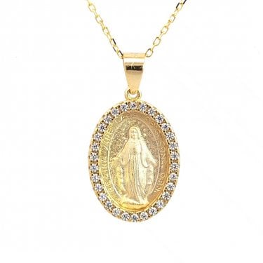 Faith Yellow Gold Sterling Silver Miraculous Medal with CZ Surround Necklace 1.4 x 1.8cm, 16-18"