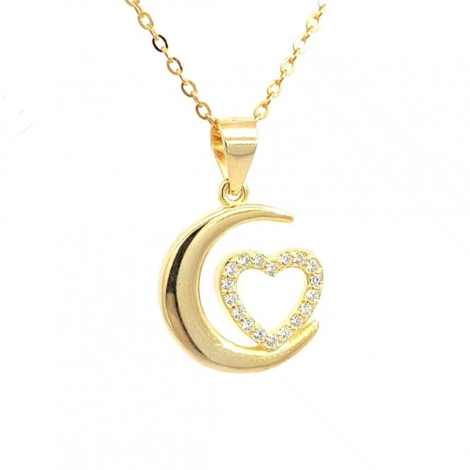 Faith Yellow Gold Sterling Silver  Moon with Open CZ Heart Necklace 1.4 x 1.4cm, 16-18