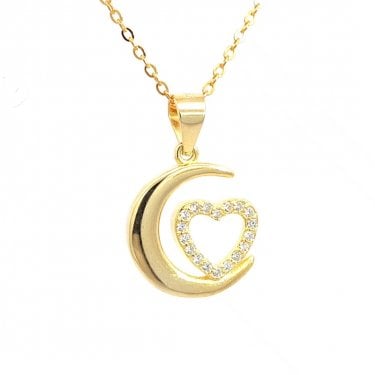 Faith Yellow Gold Sterling Silver Moon with Open CZ Heart Necklace 1.4 x 1.4cm, 16-18"