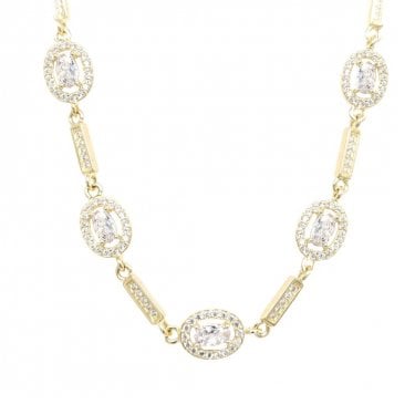 Faith Yellow Gold Sterling Silver Oval Halo & CZ Bar Necklace 0.7cm, 16-18"