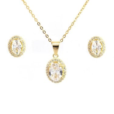 Faith Yellow Gold Sterling Silver Oval Halo Necklace & Earrings Set 0.8 x 0.8, 0.9 x 1.1cm, 16-18"