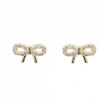 Faith Yellow Gold Sterling Silver Part CZ Bow Stud Earrings 1 x 0.7cm