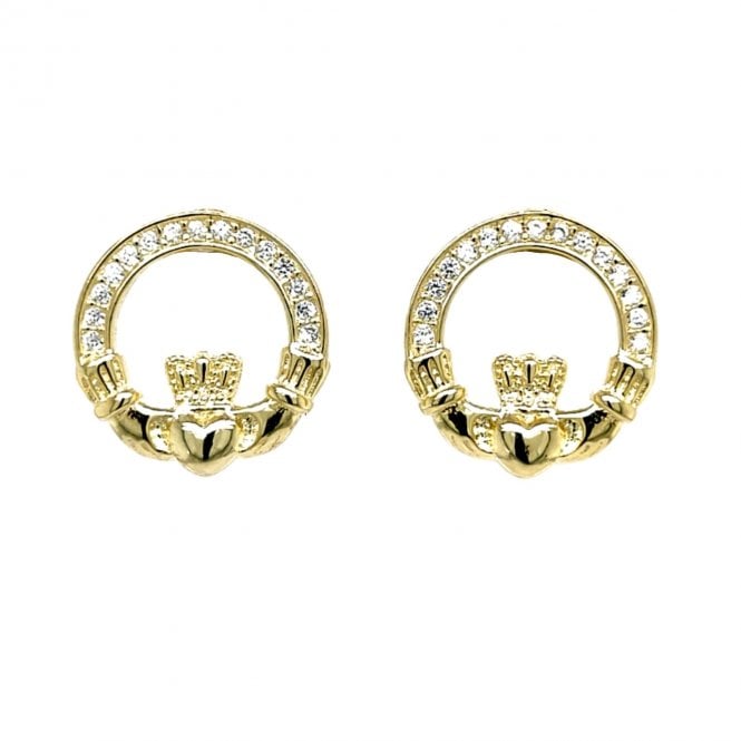 Faith Yellow Gold Sterling Silver  Part CZ Claddagh Stud Earrings 1.2 x 1.2cm 