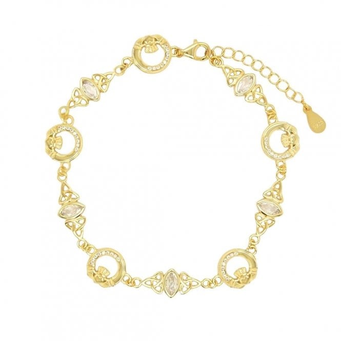Faith Yellow Gold Sterling Silver  Part CZ Part Plain Claddagh CZ Celtic Design Bracelet 1cm, 18-22cm