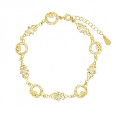 Faith Yellow Gold Sterling Silver Part CZ Part Plain Claddagh CZ Celtic Design Bracelet 1cm, 18-22cm