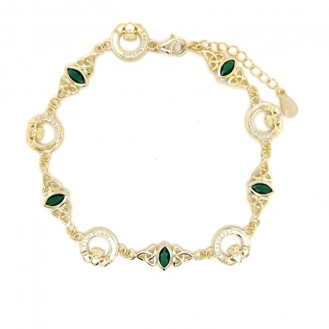 Faith Yellow Gold Sterling Silver  Part CZ Part Plain Claddagh Green CZ Celtic Design Bracelet 1cm, 18-22cm