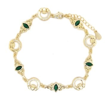 Faith Yellow Gold Sterling Silver Part CZ Part Plain Claddagh Green CZ Celtic Design Bracelet 1cm, 18-22cm