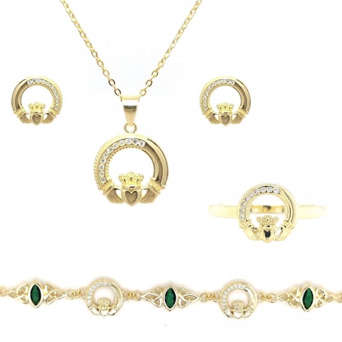Faith Yellow Gold Sterling Silver  Part CZ Part Plain Claddagh Necklace, Earrings, Bracelet & Ring Set 1.5 x 1.5cm, 16-18