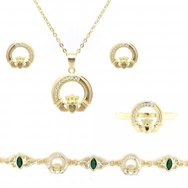 Faith Yellow Gold Sterling Silver Part CZ Part Plain Claddagh Necklace, Earrings, Bracelet & Ring Set 1.5 x 1.5cm, 16-18", 1 x 1cm, 1cm, 18-22cm 