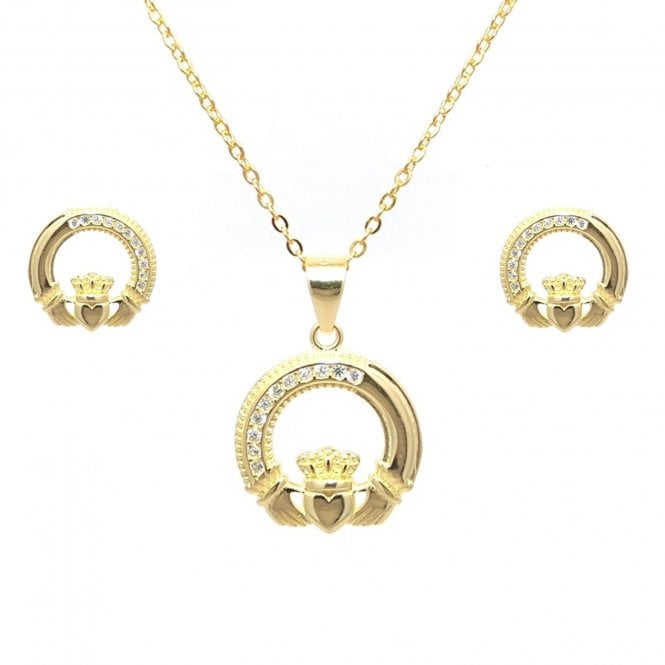 Faith Yellow Gold Sterling Silver  Part CZ Part Plain Claddagh Necklace & Earrings Set 1 x 1cm, 1.5 x 1.5cm, 16-18