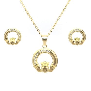 Faith Yellow Gold Sterling Silver Part CZ Part Plain Claddagh Necklace & Earrings Set 1 x 1cm, 1.5 x 1.5cm, 16-18"
