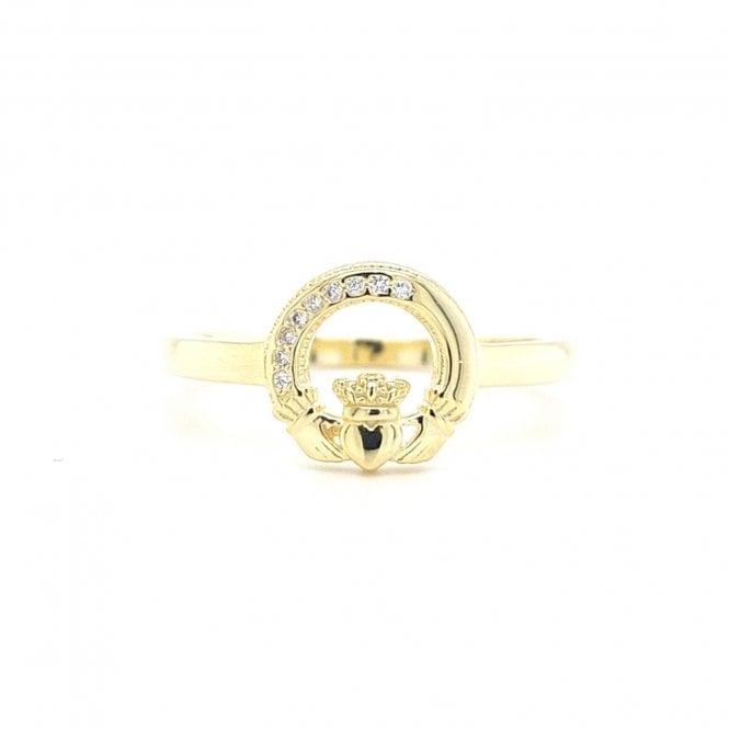 Faith Yellow Gold Sterling Silver  Part CZ Part Plain Claddagh Ring 