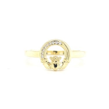 Faith Yellow Gold Sterling Silver Part CZ Part Plain Claddagh Ring 