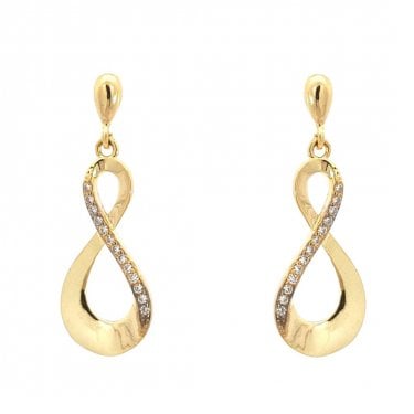 Faith Yellow Gold Sterling Silver Part CZ Part Plain Infinity Drop Earrings 1.1 x 3cm