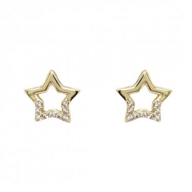 Faith Yellow Gold Sterling Silver Part CZ Star Stud Earrings 0.9 x 0.9cm