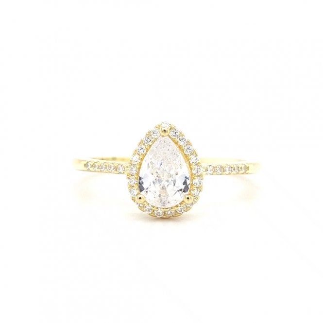 Faith Yellow Gold Sterling Silver  Pear CZ with CZ Halo & CZ Shoulders Ring