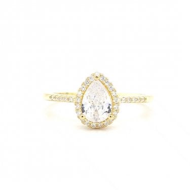 Faith Yellow Gold Sterling Silver Pear CZ with CZ Halo & CZ Shoulders Ring