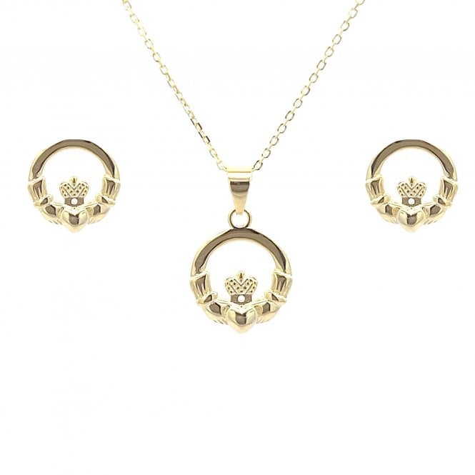 Faith Yellow Gold Sterling Silver  Plain Claddagh Necklace & Earrings Set 1.1 x 1cm, 1.3 x 1.4cm, 16-18
