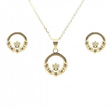 Faith Yellow Gold Sterling Silver Plain Claddagh Necklace & Earrings Set 1.1 x 1cm, 1.3 x 1.4cm, 16-18"