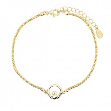 Faith Yellow Gold Sterling Silver Plain Claddagh Rope Chain Bracelet 1 x 1cm, 16cm + 3cm