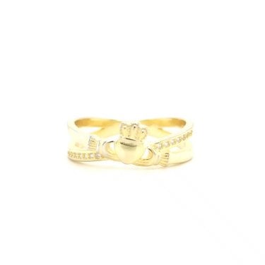 Faith Yellow Gold Sterling Silver Plain Claddagh with CZ Crossover Ring