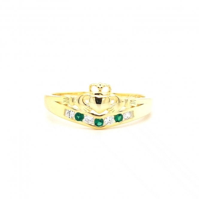 Faith Yellow Gold Sterling Silver  Plain Claddagh with White & Green CZ Wishbone Ring
