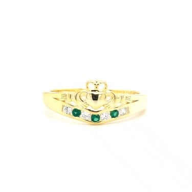 Faith Yellow Gold Sterling Silver Plain Claddagh with White & Green CZ Wishbone Ring