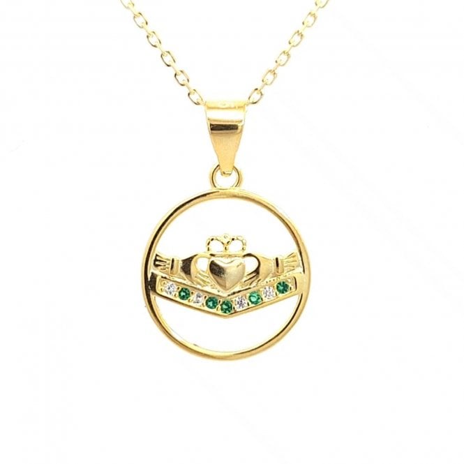 Faith Yellow Gold Sterling Silver  Plain Claddagh with White & Green CZ Wishbone within Circle Necklace 1.3 x 1.3cm, 16-18