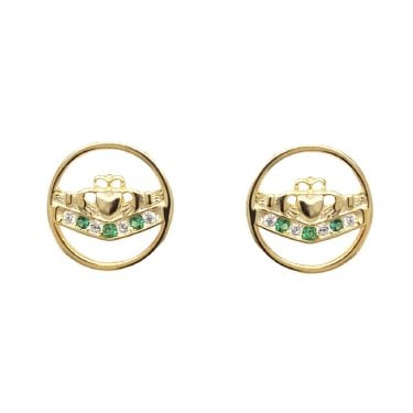 Faith Yellow Gold Sterling Silver Plain Claddagh with White & Green CZ Wishbone within Circle Stud Earrings 1 x 1cm