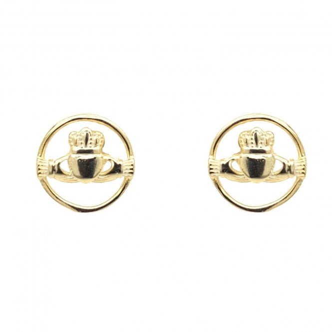 Faith Yellow Gold Sterling Silver  Plain Claddagh within Circle Stud Earrings 1 x 1cm