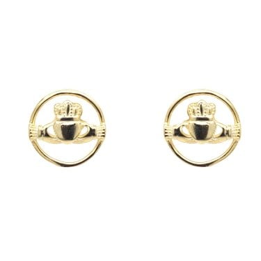 Faith Yellow Gold Sterling Silver Plain Claddagh within Circle Stud Earrings 1 x 1cm