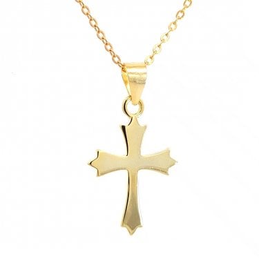 Faith Yellow Gold Sterling Silver Plain Cross with Triple Point Edges Necklace 1.4 x 1.8cm, 16-18"