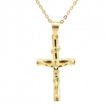 Faith Yellow Gold Sterling Silver Plain Crucifix with Rounded Edge Necklace 1.5 x 2.4cm, 16-18"