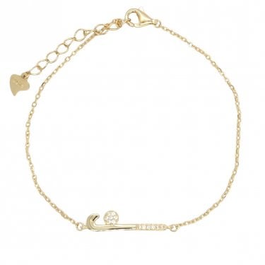 Faith Yellow Gold Sterling Silver Plain & CZ Hockey Stick with Ball Bracelet 2 x 0.5cm, 17-20.5cm
