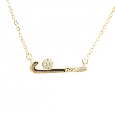 Faith Yellow Gold Sterling Silver Plain & CZ Hockey Stick with Ball Necklace 2 x 0.5cm, 16-18"