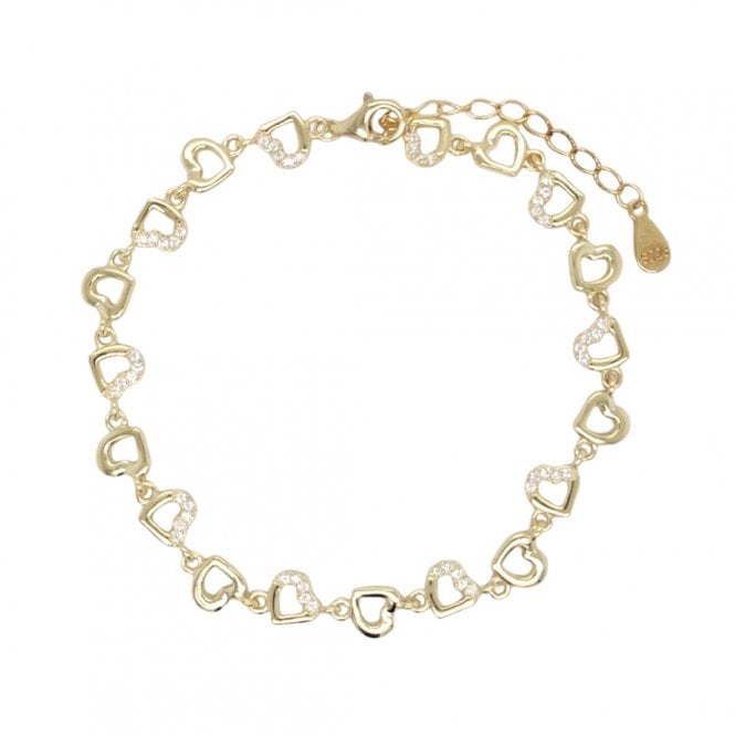 Faith Yellow Gold Sterling Silver  Plain & CZ Open Heart Bracelet 0.6 x 0.5cm, 17-21cm