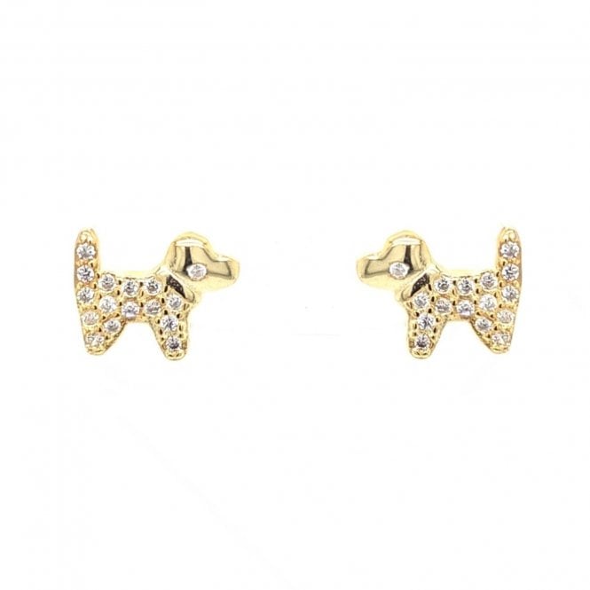 Faith Yellow Gold Sterling Silver  Plain Head & CZ Body Dog Stud Earrings 0.9 x 0.7cm 