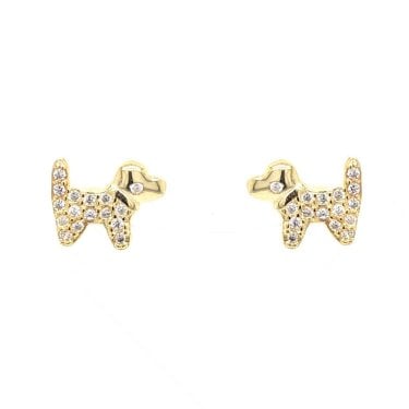 Faith Yellow Gold Sterling Silver Plain Head & CZ Body Dog Stud Earrings 0.9 x 0.7cm 