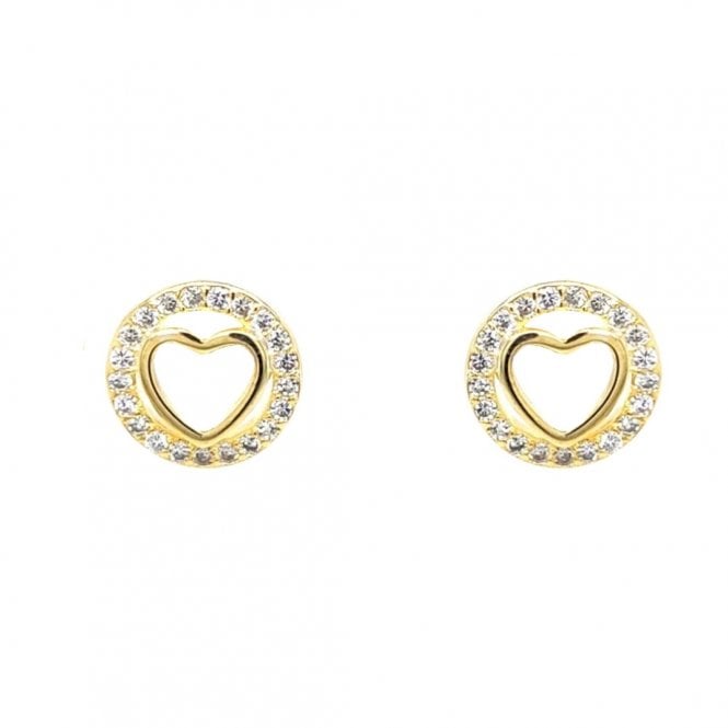 Faith Yellow Gold Sterling Silver  Plain Heart inside Floating CZ Halo Stud Earrings 0.9 x 0.9cm