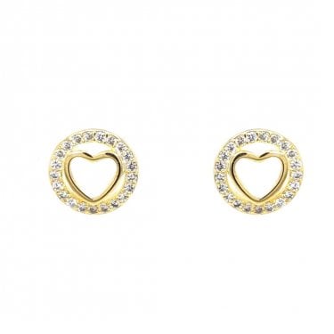 Faith Yellow Gold Sterling Silver Plain Heart inside Floating CZ Halo Stud Earrings 0.9 x 0.9cm