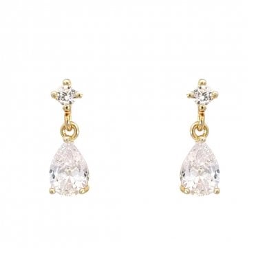 Faith Yellow Gold Sterling Silver Round Claw Set Stud with Claw Set Pear CZ Drop Earrings 0.5 x 1.4cm