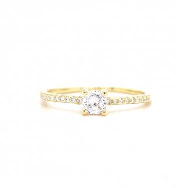Faith Yellow Gold Sterling Silver Round CZ Solitaire with CZ Shoulders Ring