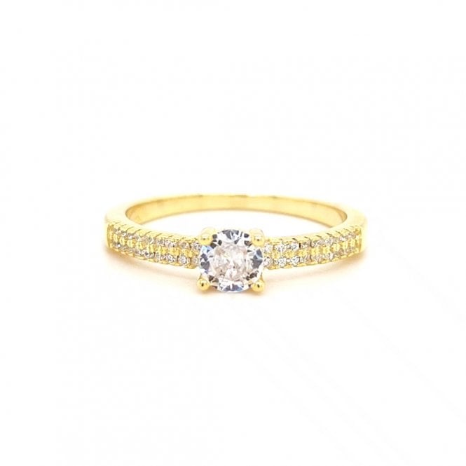 Faith Yellow Gold Sterling Silver  Round CZ Solitaire with Double CZ Shoulders Ring