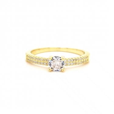 Faith Yellow Gold Sterling Silver Round CZ Solitaire with Double CZ Shoulders Ring