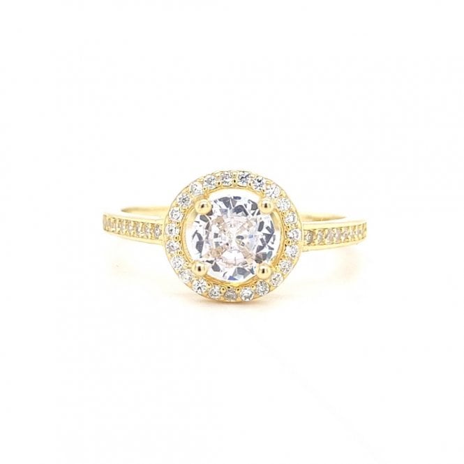 Faith Yellow Gold Sterling Silver  Round CZ with Floating Halo & CZ Shoulders Ring