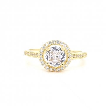 Faith Yellow Gold Sterling Silver Round CZ with Floating Halo & CZ Shoulders Ring