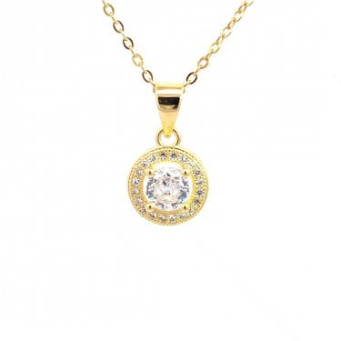 Faith Yellow Gold Sterling Silver Round CZ with Floating Halo Necklace 0.9 x 0.9cm, 16-18"
