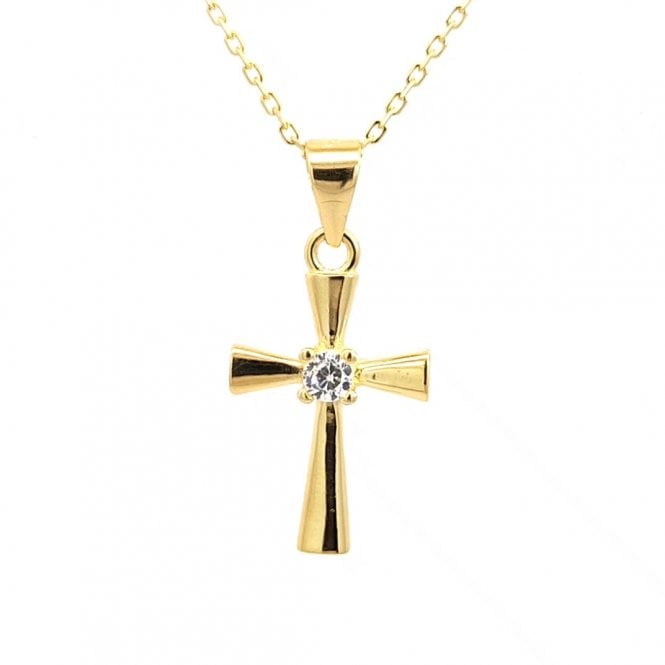 Faith Yellow Gold Sterling Silver  Single CZ Cross with Trumpet Edges Necklace 1.2 x 1.6cm, 16-18